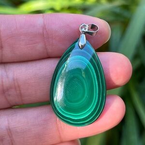 Sterling silver 925‎ stamped natural banded malachite pendant 0288